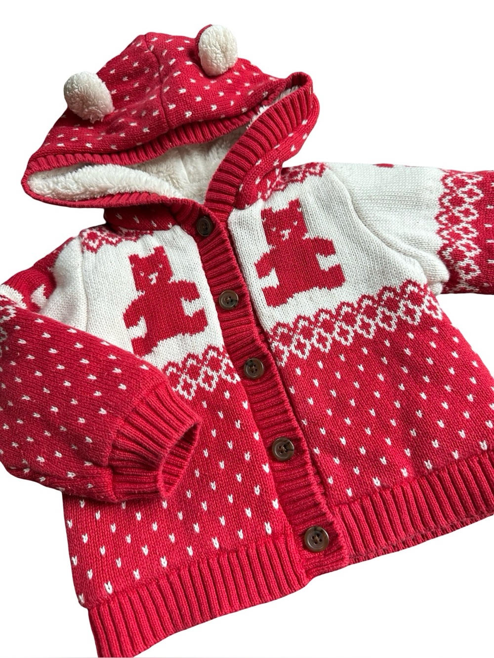 Gap Kids Sherpa-Lined Cotton Sweater Hoodie Bear Pattern Ears Baby 12-18 mo